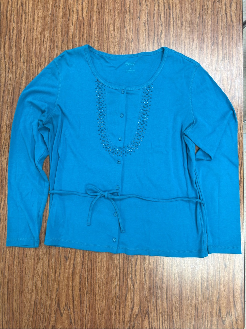 Talbots Teal Button-Front Long Sleeve Top with Tie Waist